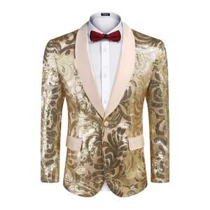 Sequin Blazer Sparkly Glitter Jacket, Shiny Floral Suit Jacket, Light Gold, 3X